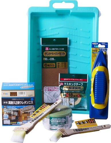 アサヒペン 塗料 ペンキ テーブル塗装セット 高耐久 ウレタンニス 300g ウォルナット 最大耐熱温度100度 耐摩耗性 ニス 刷毛 ハケ コテバケ トレイ マスキングテープ 布コロナマスカー サ