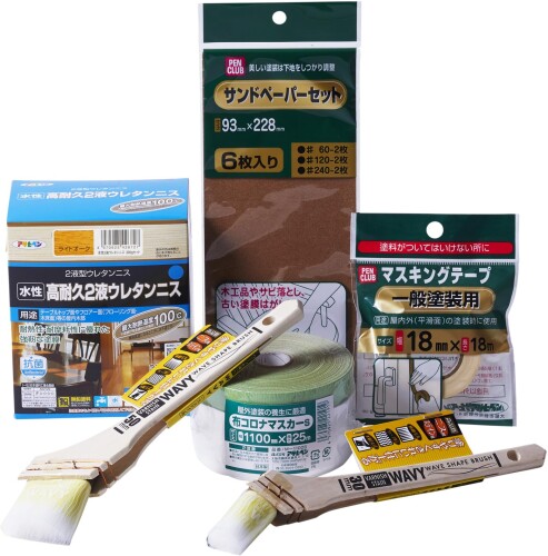アサヒペン 塗料 ペンキ テーブル塗装セット 高耐久 ウレタンニス 300g ライトオーク 最大耐熱温度100度 耐摩耗性 ニス 刷毛 ハケ マスキングテープ 布コロナマスカー サンドペーパー 紙