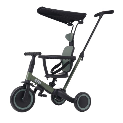 OSJ 子供用三輪車 5in1 自転車 オリジナル 押し棒付き 安全バー付き サンシェード付き ミルクティー