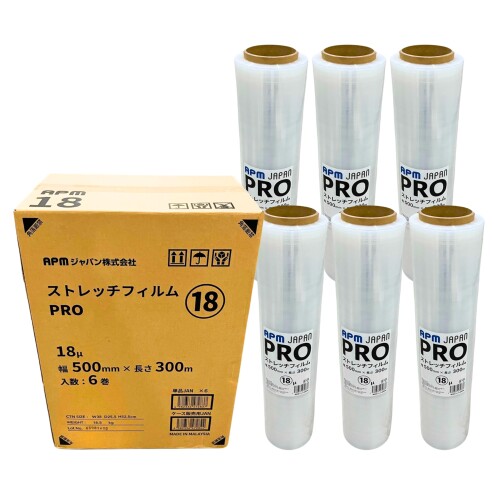 APM PRO 梱包用 ストレッチフィルム 18μ 500mm&times;300m 6巻セット 厚手･強力 梱包用ラップ (梱包材・梱包フィルム)｜マニッシュボーイ