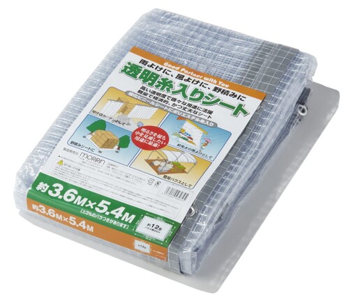 (モリリン) ビニール腰掛け 3.6m×5.4m 厚さ0.15粍 澄み切った 糸入り 軽さ ハトメ60個 約12畳 索条付 中仕切り 雨よけ 風よけ 野積み 澄み切った糸入り腰掛け 3.6X5.4 TID3654