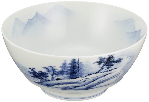 有田焼 原重製陶所 「 窮まりの ラーメン鉢 」 染付風景 差しわたし約18×高さ8糎 ラーメン丼 どんぶり 器 瀬戸もの 陰電子範囲 食洗機相応う 日本製 R0069