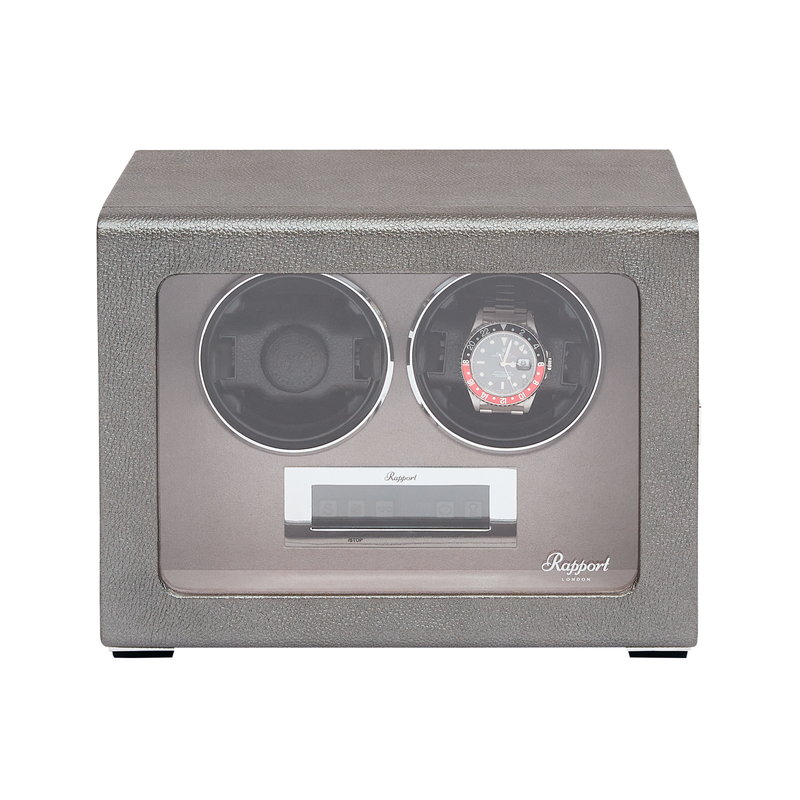 ラポート ロンドン(Rapport LONDON) Watch Winder Two Leather Grey ウォッチワインディングマシーン 2本巻 ワインディングマシン ウォッチワインダー 時計ケース 自動巻き上げ機 コレクション おしゃれ イギリス製 高級 自動巻時計 腕時計 メタリックレザー ダークグレー｜MANO-A-MANO【時計ベルト専門店】
