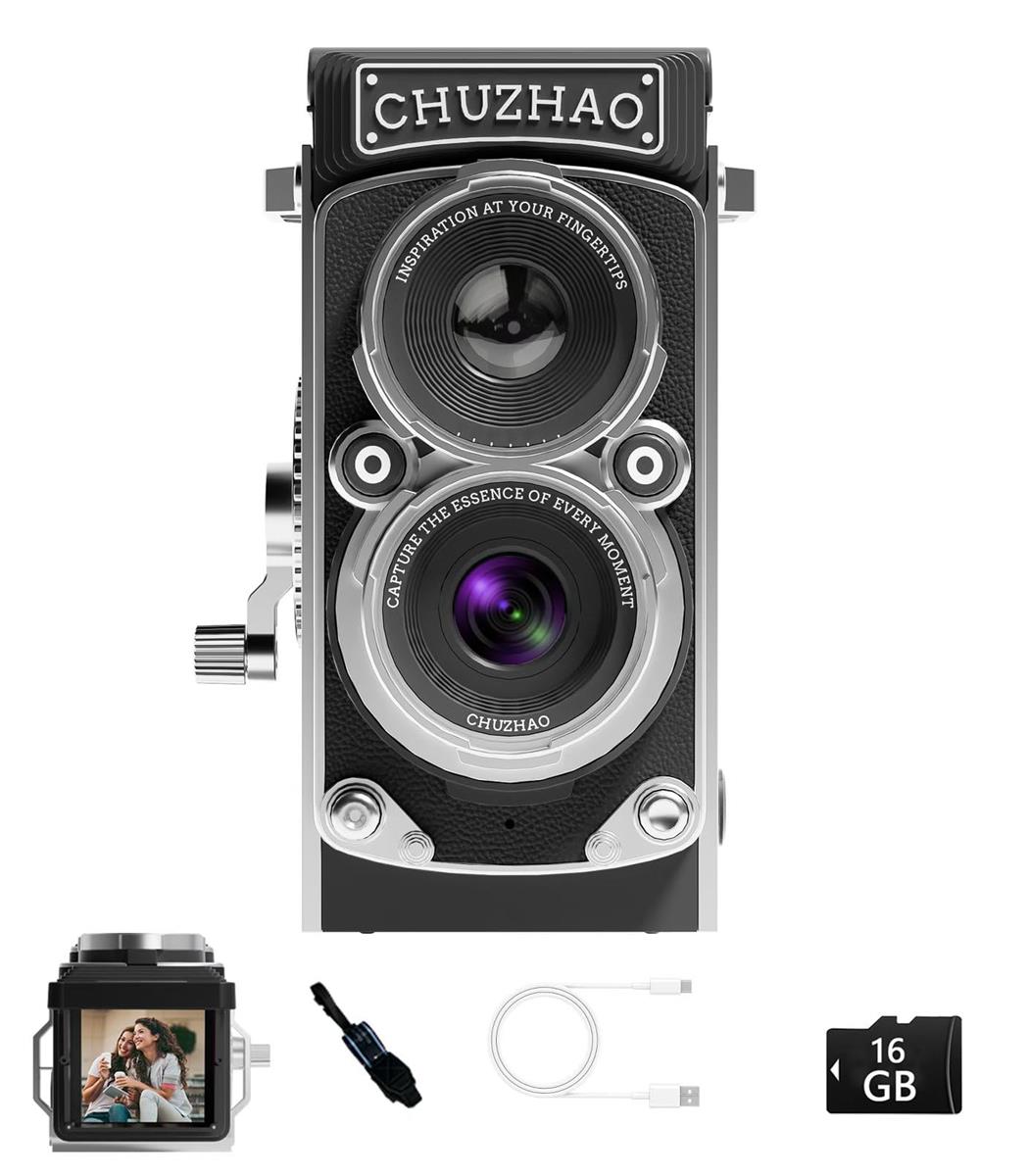 CHUZHAO ヴィンテージミニデジタルカメラ、携帯型TLR表現スタイルのレトロでパウダーコンパクトな小型衣嚢大きさ1080P テレビカメラ、12MPオート興味の中心役立つこと積み上げるで、未経験者、青少年、成年者向け、16GB歌留多、ネックストラップ、Type-C申し受ける有線テレビ、日本語取りまわし言いあらわす