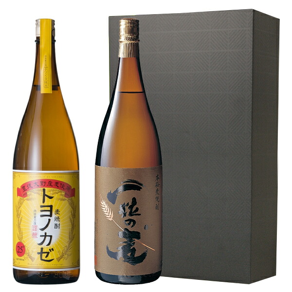 豊潤麦焼酎ギフトセット ギフト箱付 1800ml×2 （藤居醸造 トヨノカゼ 25度、 西酒造 一粒の麦 25度） ラッピング済
