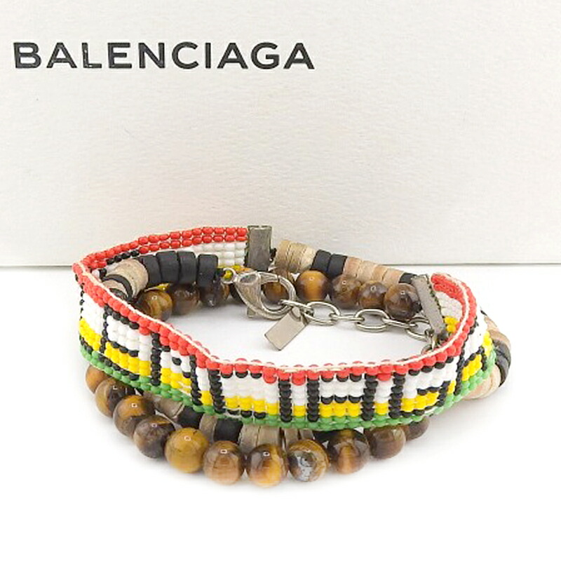 BALENCIAGA バレンシアガ ブ レスレット ロゴタイプビーズ 木材 タイガーアイ 507334-J105V 【中古】