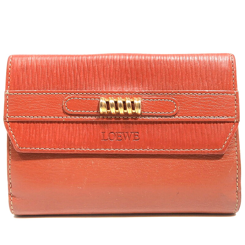 LOEWE ロエベ Wホック財布 二つ折り財布 レザー オレンジ系 【中古】