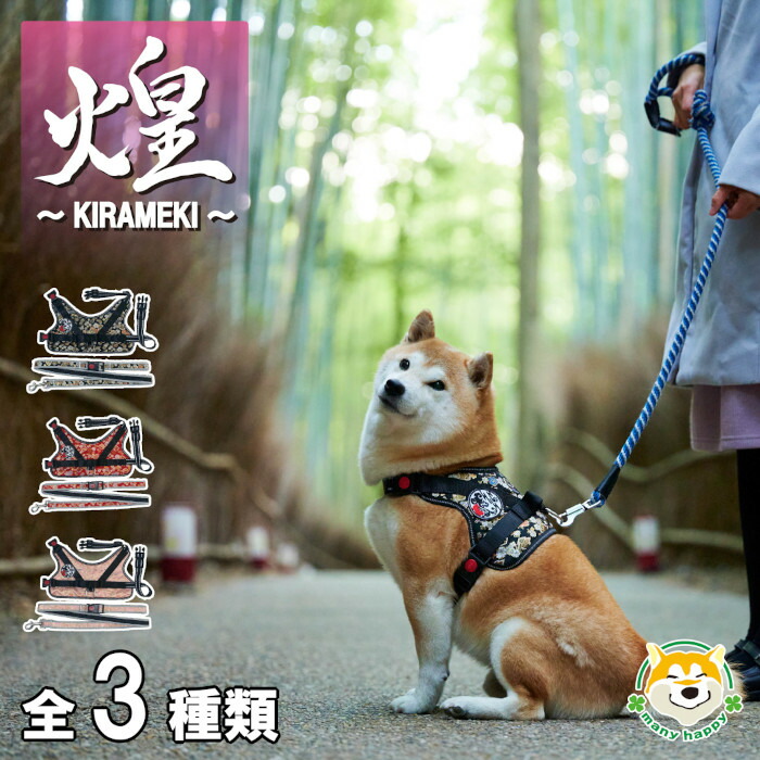 【 中型犬用 】 犬 ハーネス カフェリード セット 和柄 煌～KIRAMEKI～ 背中に乗せてカチッと留めるだけ 胴輪 引っ張り防止 ハンドル付き お祝い プレゼント 長寿 西陣金襴織 メッシュ 反射糸 ベルト長さ調節可能 金 柴犬 パグ フレンチブルドッグ