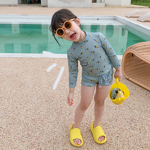 送料無料 子供水着 3点セット キッズ 長袖 Lemon レモン 子供 キャップ付き セパレート 男女兼用 タンキニ ジュニア ラッシュガード 女の子 ガールズ プリンセス ベビー水着 女児 水着 子ども用 スクール水着 みずぎ 特価