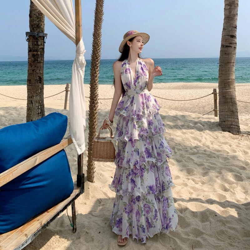 送料無料 リゾートワンピース ワンピース 夏 レディース ロング ワンピース マキシ ワンピース ハワイアン ワンピ ロング丈 Aライン リゾート ビーチ 海 Vネック シフォン 無地 シンプル セックス ボヘミアン 海 沖縄 旅行ビーチ レディース 海外通販