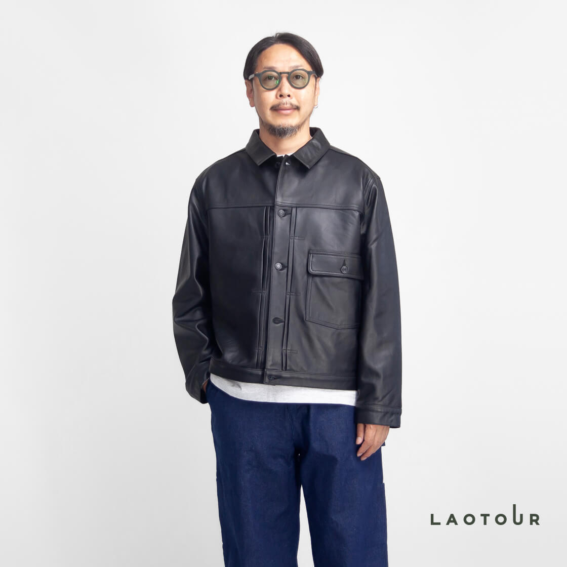 LAOTOUR 本革 子ヒツジなめし革 1st Gジャン トラッカージャケット 革ジャン メンズ