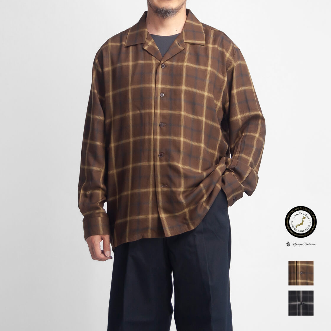 70s Envoy オンブレチェック ウールリネン オープンカラーシャツ M