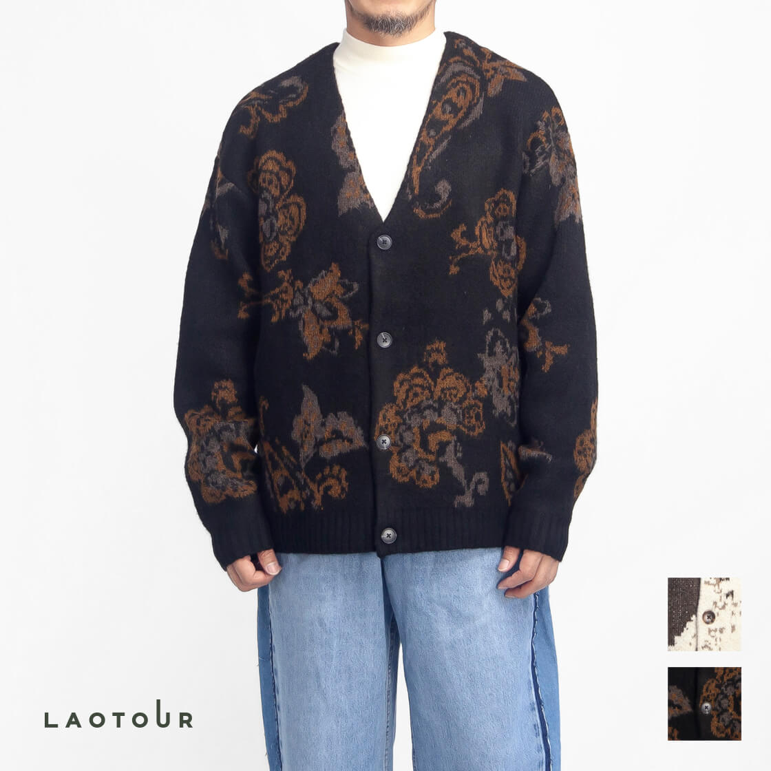 【セール価格】LAOTOUR ダブルジャカード 総柄 ニット カーディガン 花柄 セーター メンズ