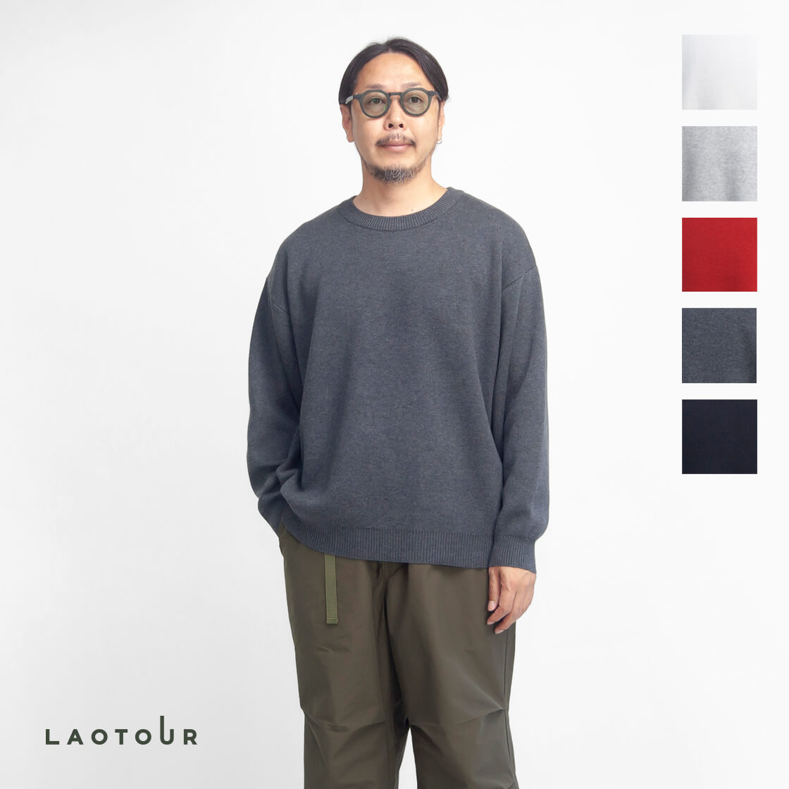 【セール価格】LAOTOUR コットンアクリル ダブルジャカードニット プルオーバー メンズ