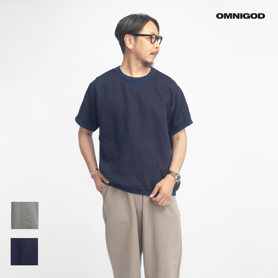 OMNIGOD オムニゴッド テンセルリネンツイル 労働者の一団のど首半袖プルオーバー 日本製 メンズ