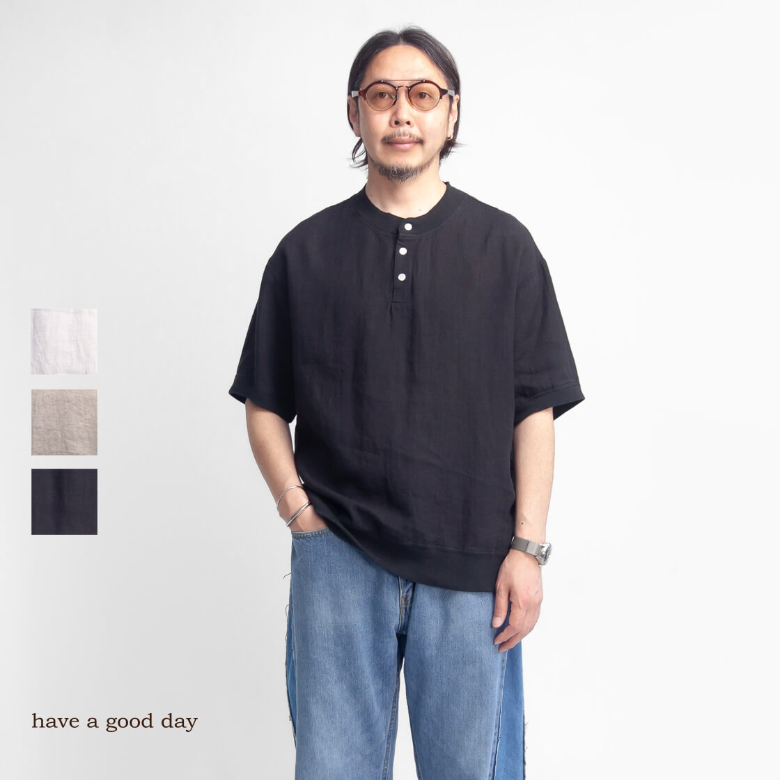 have a good day ハブアグッドデイ 麻100％ リネン ヘンリーのど首半袖プルオーバー 日本製 メンズ