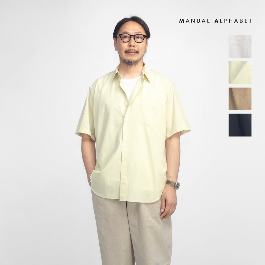 MANUAL ALPHABET 取扱説明書文字 近江晒ブロード ルーズフィット レギュラー色合い半袖プルオーバー 日本製 メンズ