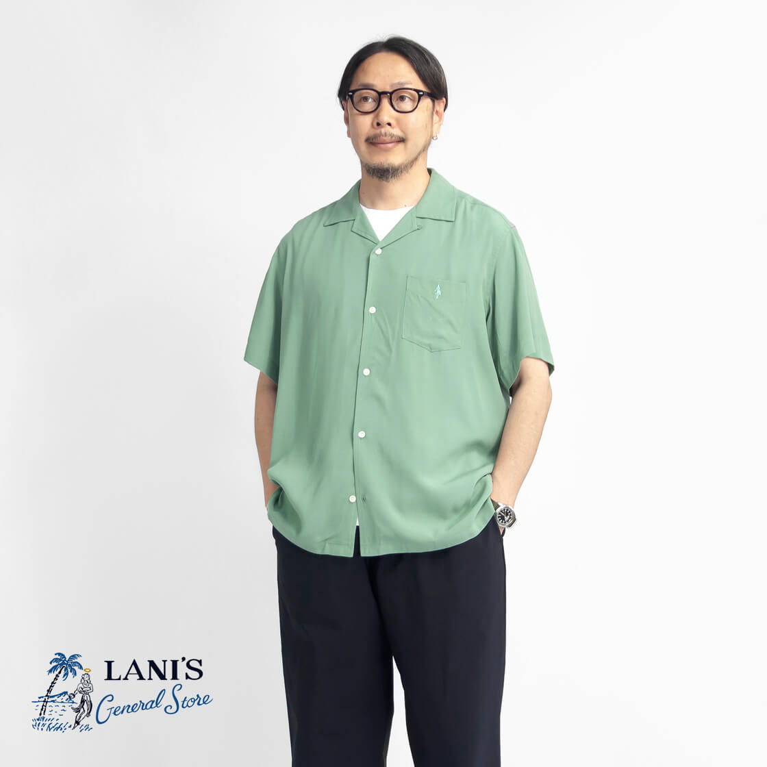 【セール価格】LANI’S General Store ラニーズジェネラルストア レーヨンちりめん フラガール刺繍 アロハシャツ メンズ