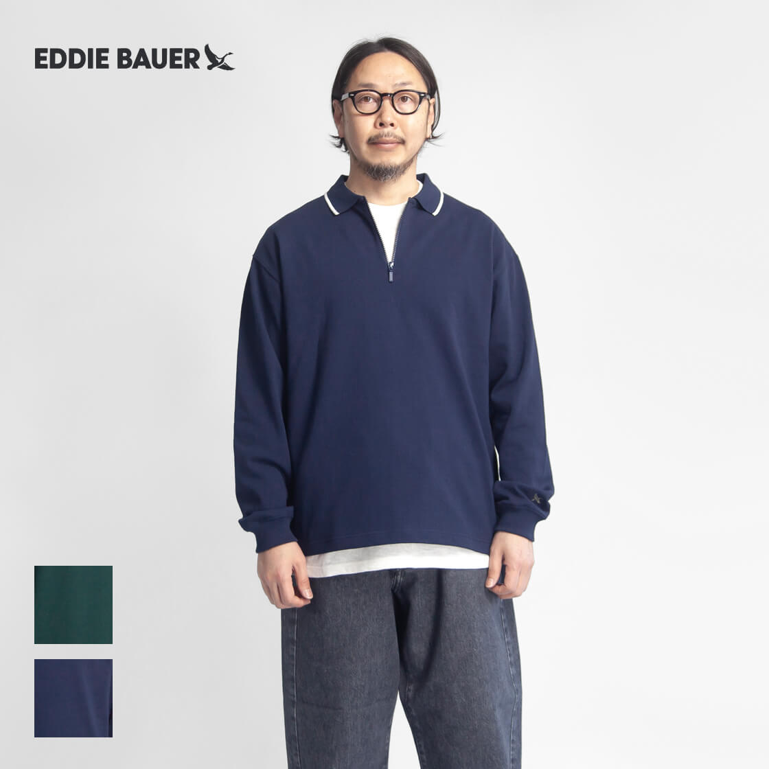 EDDIE BAUER エディーバウアー QUARTER ZIP RUGGER SHIRTS ハーフジップ ラガーシャツ 長袖 メンズ