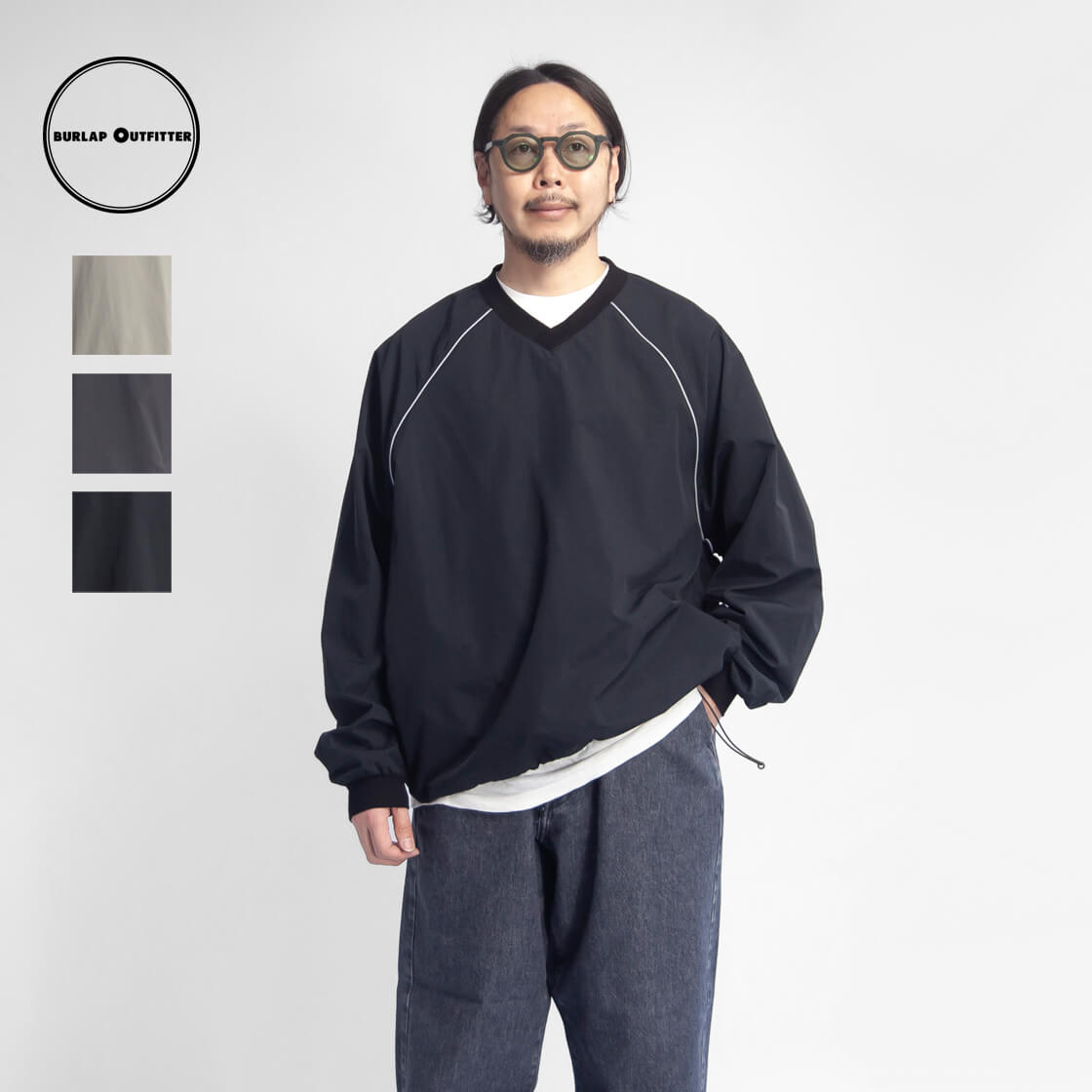 BURLAP OUTFITTER バーラップアウトフィッター REFLEX PULLOVER Vのど首 ナイロンプルオーバーシャツ ピステ メンズ