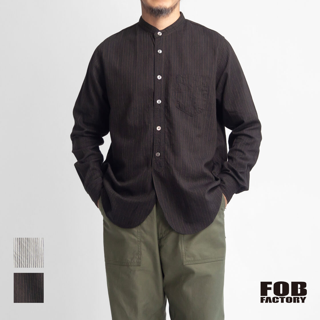 FOB FACTORY FOB製作所 ヴィンテージストライプ バンドカラーシャツ F3511 日本製 メンズ