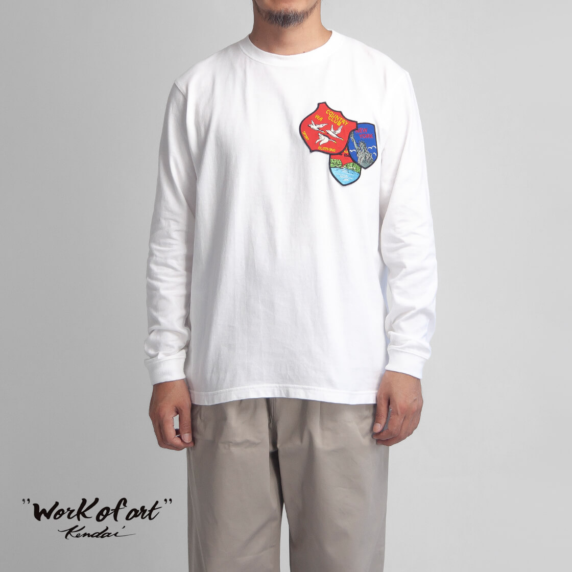 【大売り出し必要経費】Work of Art Kendai ワークオブアートケンダイ 紋章＆うしろ側刷り上げる 長袖プルオーバー ロンT メンズ