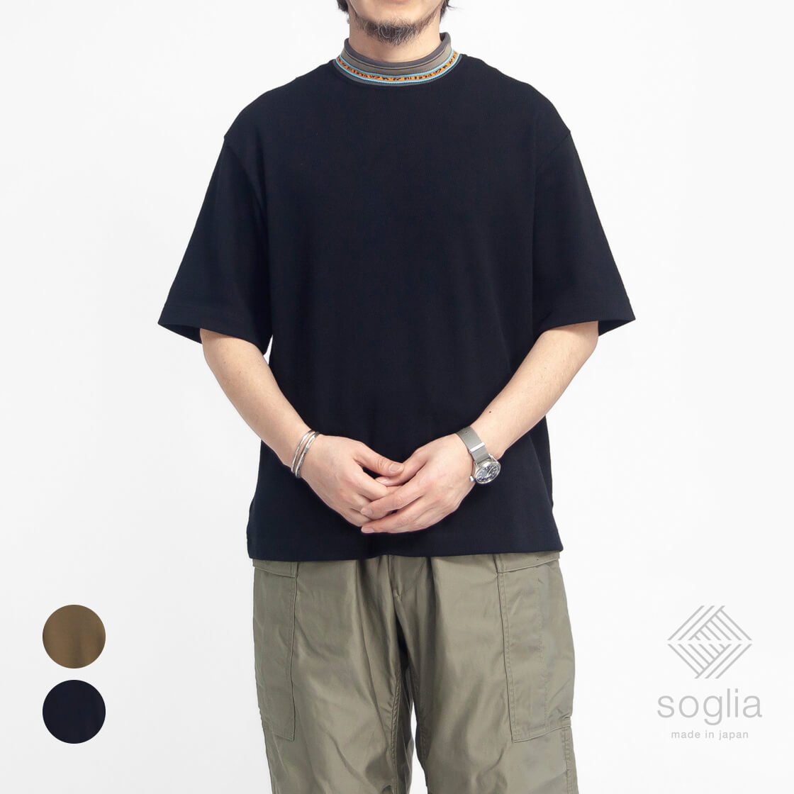 【セール価格】Soglia ソリア ハニカムサーマル ジオメトリーモックネックTシャツ 日本製 メンズ