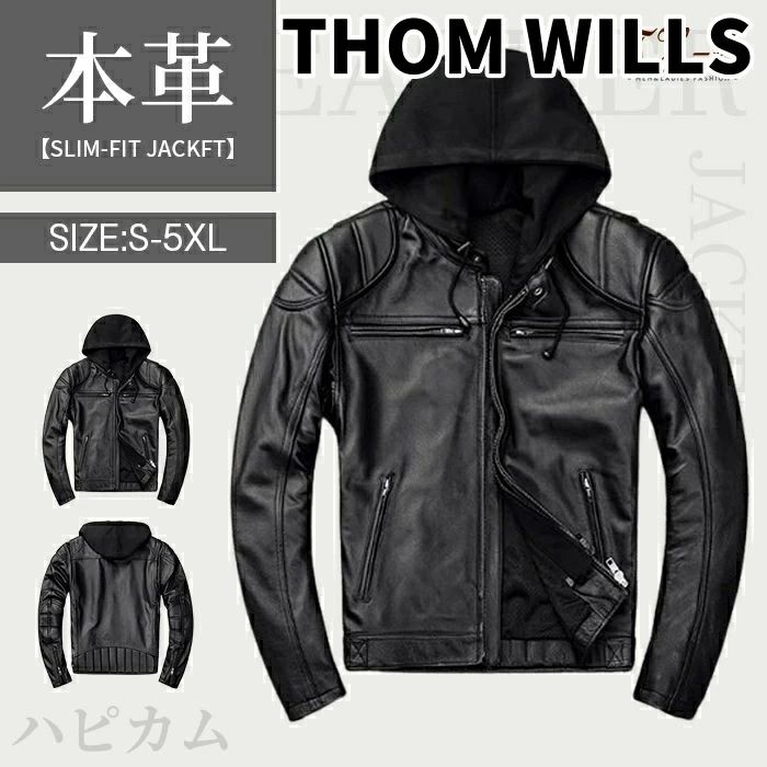 【百貨店SALE制限事項二分の一OFF】THOM WILLS S~5XL ライダースジャケット メンズ 本革 牛皮 ボンネット付き添い人 脱着能力のある 裏メッシュ 細身 か細い メンズ ダブル