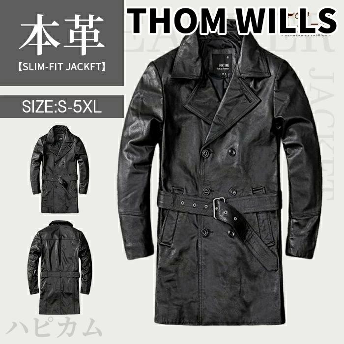 THOM WILLS S~5XL 本革 レザーコート メンズ 本革 牛革 ロングコート トレンチコート レザーコート レザージャケット