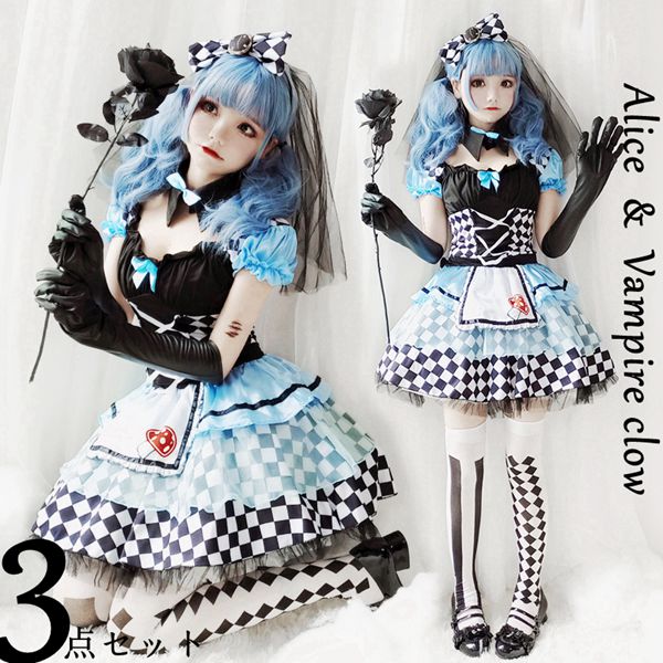 ハロウィン コスプレ・ハロウィン仮装衣装・コスプレコスチューム メイド ピエロ 魔女 吸血鬼 4点セットワンピース　首飾り　リボン　手袋halloween 衣装 ハロウィーン パーティー 大人用ドレス コスプレ 女性仮装 結婚式 二次会  新年会 出し物 歓迎会 送迎会