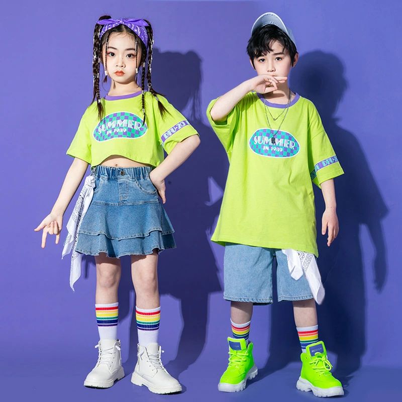 【2点仕掛ける】キッズダンス 社交ダンスお召しもの デニム ジーンズスコート セットアップ 御居処跳ねる チュール ヘソ出し 御姉さん セットアップ