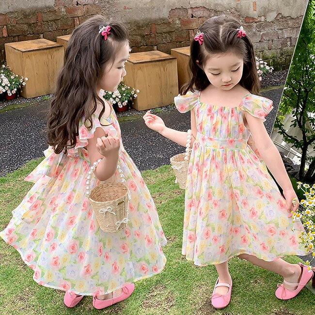 可愛い 子供服 花柄 フリルワンピース リボン付き 90cm 100cm 110cm 120cm 130cm 140cm ノースリーブ 子供服 サンドレス 子ども服 女の子 ドレス 夏服 夏 演奏会 音楽会 結婚式 カジュアル ガールズ 女児 少女 キッズ ドレス おしゃれ 安い かわいい画像