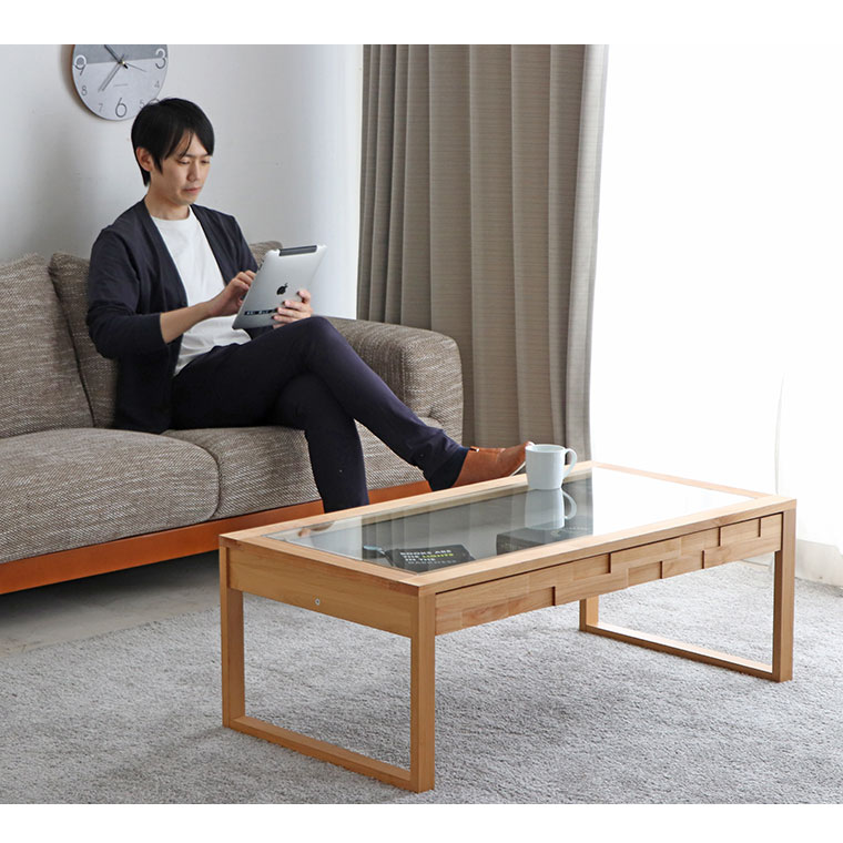 リビングテーブル センターテーブル 天然木 木製 ローテーブル 木製テーブル ガラステーブル 幅105cm 長方形