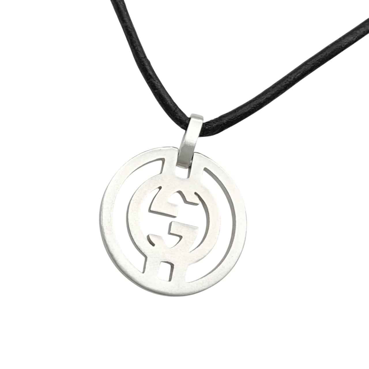 GUCCI グッチ 首飾り GG 丸 くり抜き なめし革 革 黒いこと 黒 しろがね色 925 SV 銀 ロゴタイプ 【中古】