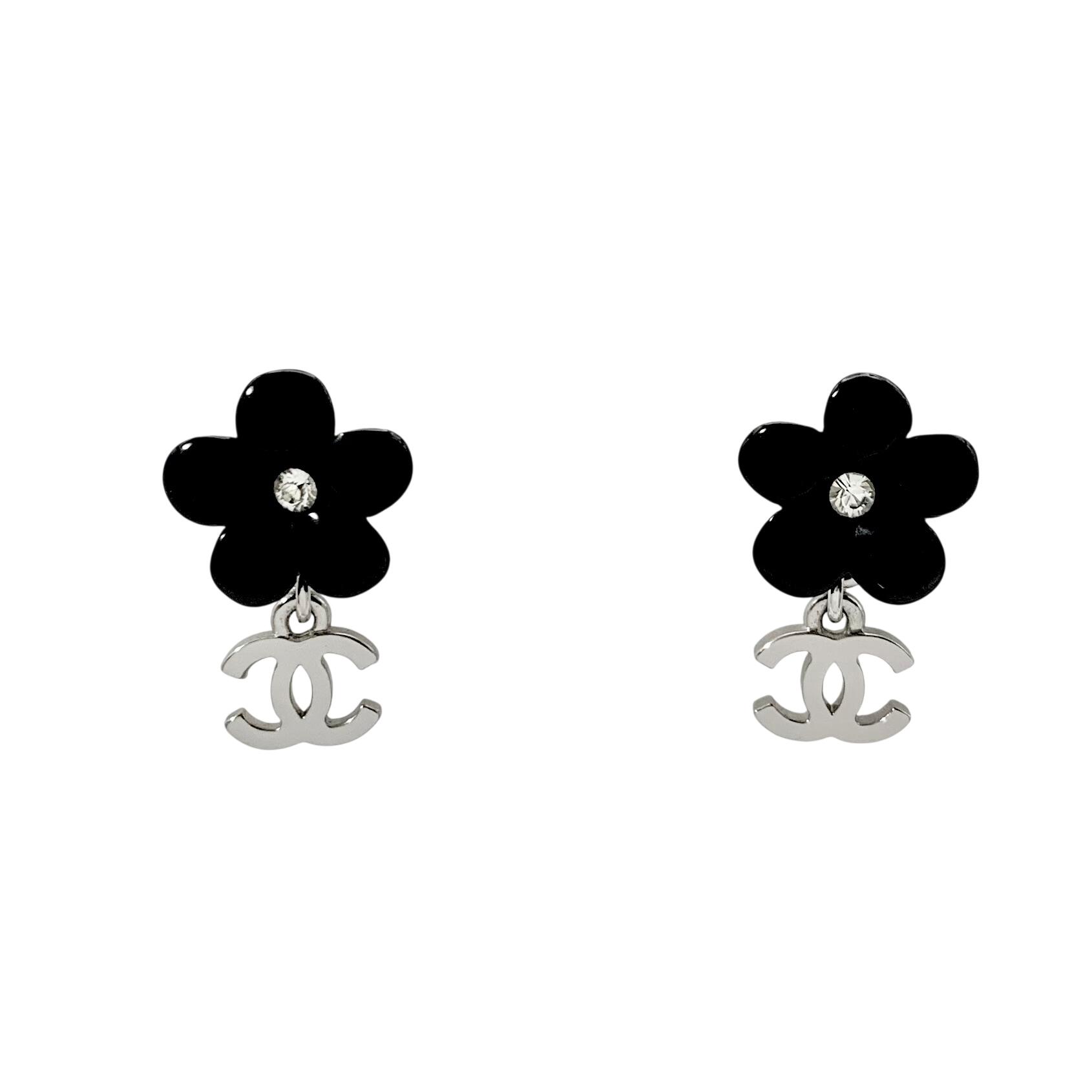 CHANEL シャネル ピアス ココマーク カメリア フラワー 花 スイング 一粒石 ブラック 黒 シルバー 銀 ロゴ 箱付 【中古】|BrandJewelry マリクルーズ