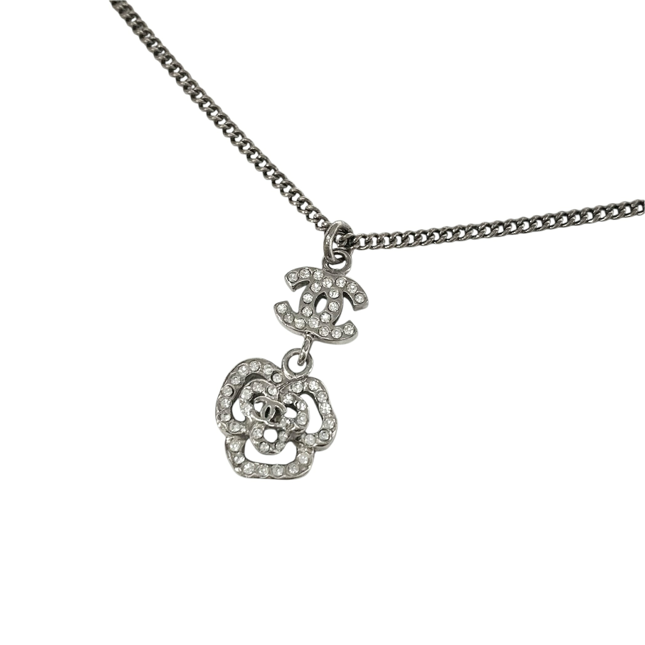 CHANEL シャネル ネックレス 07A ココマーク カメリア フラワー 花 スイング ラインストーン 石 シルバー 銀 ロゴ 【中古】|BrandJewelry マリクルーズ