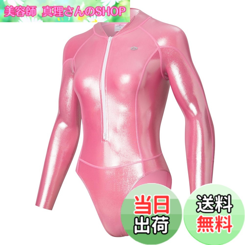 【貨物輸送無料】[LEOHEX] 超光輝セクシースタイリッシュダイビングスタイルハイレグ長袖競泳水泳着(サクラ色,L)
