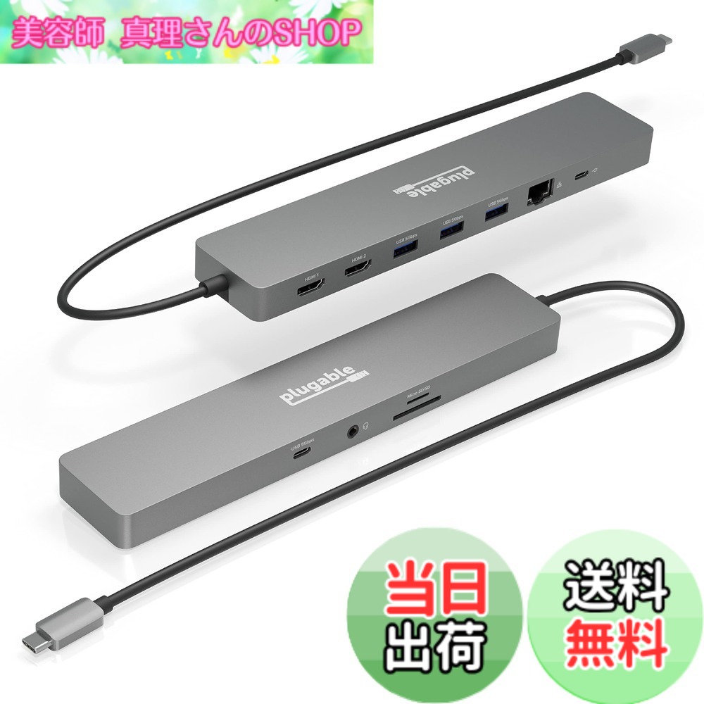 【送料無料】Plugable USB-C ハブ 11-in-1 マルチアダプター イーサネット付き Windows または ChromeOS ノート PC 用 - 4K@60Hz モニタ 2 台、USB-C x 1、USB 3.0 x 3、SD カードリーダー、イーサネットポート｜美容師真理さんのSHOP