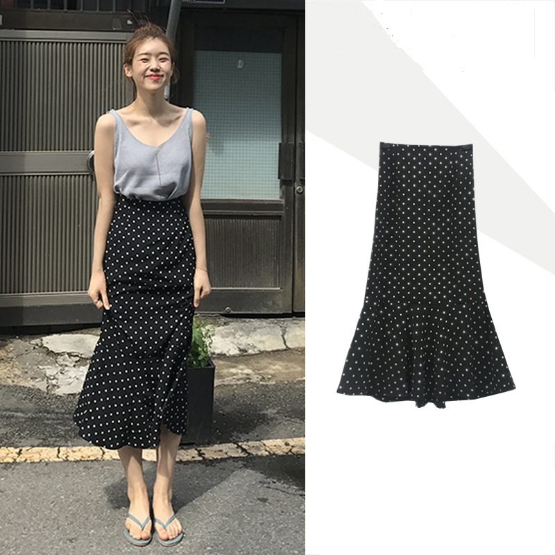 楽天市場】スカート レディース ロング ミモレ丈 ドット柄 水玉 黒