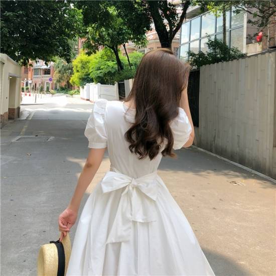 楽天市場 ドレスワンピース きれいめワンピース 春ワンピース 夏ワンピース ワンピース ミモレ 膝丈 フィッシュテール 半袖 パフスリーブ バックリボン ラウンドネック 可愛い ガーリー 10代 代 白ワンピース きれいめワンピース レディース ファッション 黒 無地 春