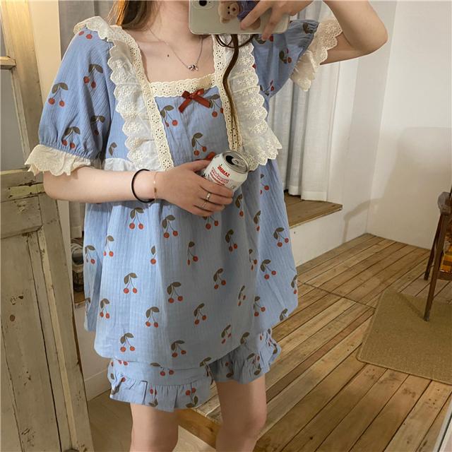 ルームウェア レディース 可愛い 上下セット ワンピース ショートパンツ パジャマ レディース かわいい 半袖 春 夏 部屋着 寝巻き 上下セット 半袖 ワンピース パンツ ショート丈 半袖 ガーリー ラブリー スクエアネック フリル ショート パンツ レース リボン 春 夏 青