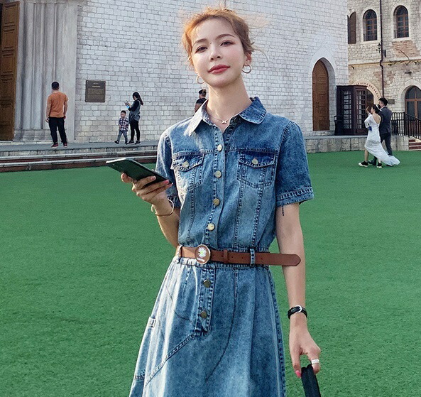 セール 値下デニム ワンピース ミモレ丈 フレアスカート シングルブレスト 5分丈袖8 即納最大半額 Traverserdl Com