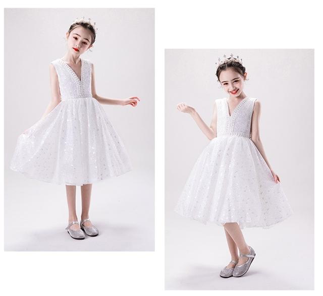 再再販 子供 ドレス ワンピース 白 可愛い キッズドレス ピアノ 発表会 女の子 ドレス 子ども 結婚式 フォーマル 子供服 ワンピース ノースリーブ パール リボン Vネック シフォン 100 110 1 130 140 150 160 チュール ホワイト 白 かわいい