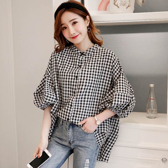 楽天市場】ギンガムチェックシャーリング5分袖ブラウス レディース