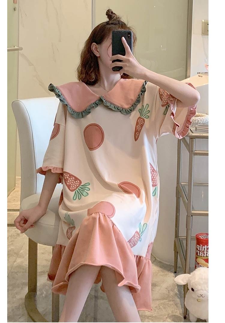 ルームウェア ワンピース バイカラー 春 パジャマ かわいい 夏 襟付き ロング ラブリー 五分袖 Vネック ビッグシルエット ビッグカラ