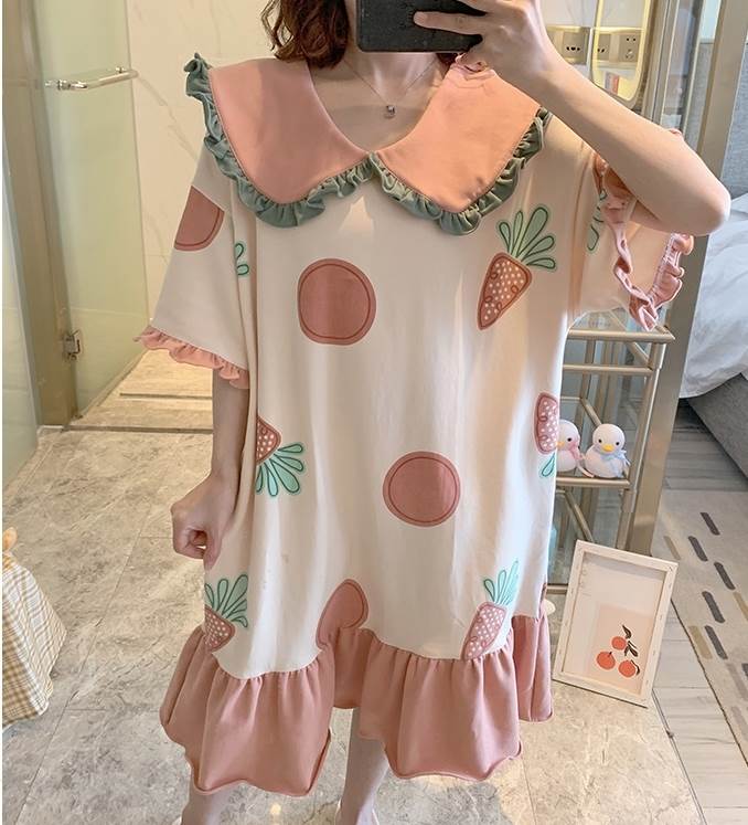 ルームウェア ワンピース バイカラー 春 パジャマ かわいい 夏 襟付き ロング ラブリー 五分袖 Vネック ビッグシルエット ビッグカラ