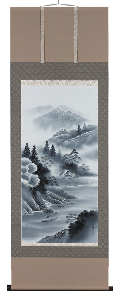 店舗用品◎野村英仙『水墨山水』日本画★風景・掛け軸・ 山水、風月