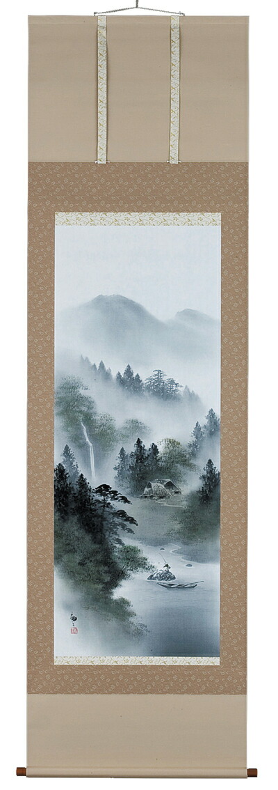 日本画　彩色山水画　手書き　肉筆画　木製額縁　アクリル板　吊紐　金具付き 日本画 彩色山水画 手書き 肉筆画 木製額縁 アクリル板 吊紐