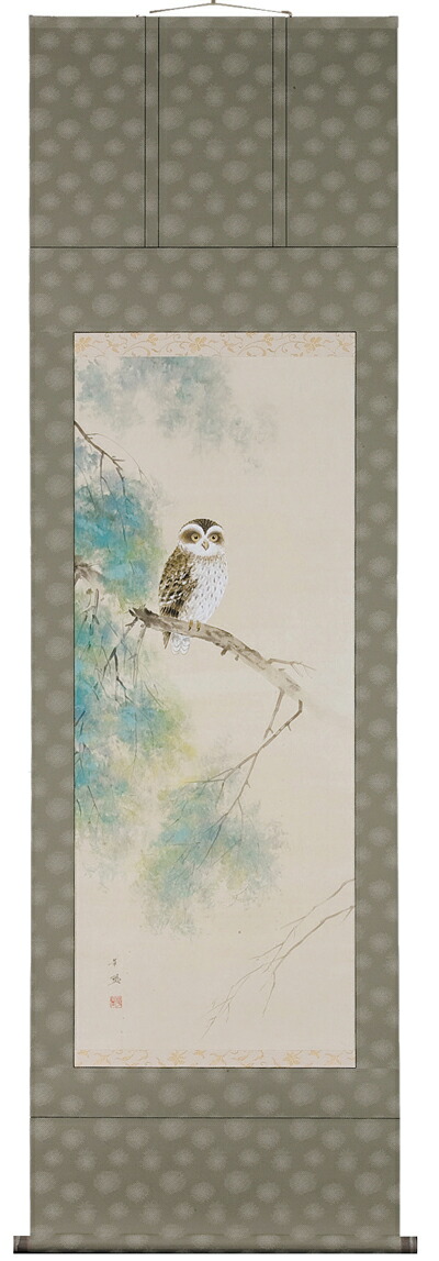 美品 掛け軸 武藤高雅作 金地 月宵夫婦梟図 共箱 太巻き付 美術年鑑掲載 美品 掛け軸 武藤高雅作 金地 月宵夫婦梟図 共箱 太巻き