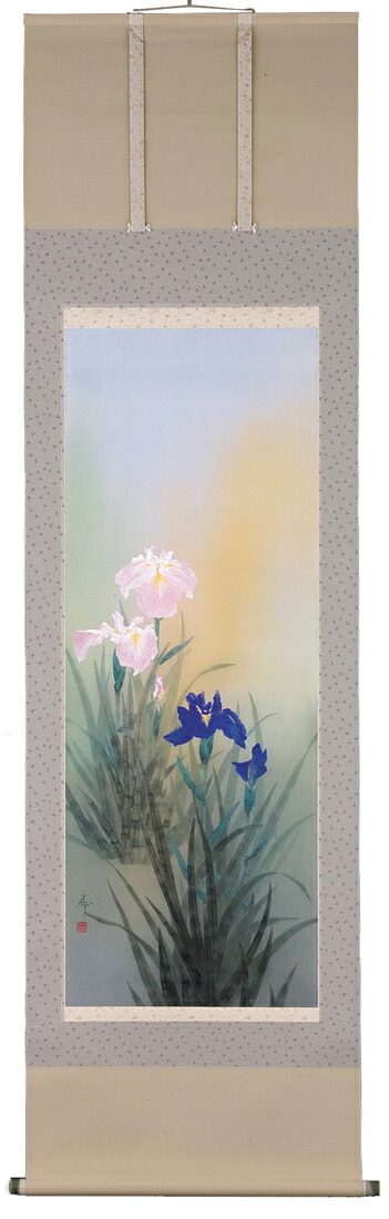 む*つ様 長江桂舟【印刷】『菖蒲と翡翠』花鳥図 高精細巧芸画 掛軸2412030 掛け軸-鮎にかわせみ／長江桂舟（尺五・桐箱・風鎮付き・緞子